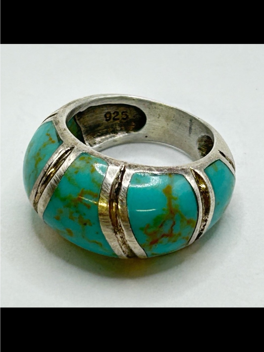 Sterling Silver Turquoise Inlay Dome Ring - Blue-Green 925 size 7 - Picture 5 of 5